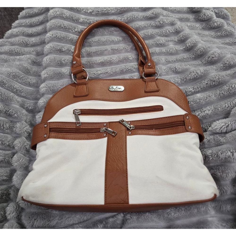 B. Amici White Canvas Cognac Brown Bonded Leather Satchel Handbag Multi Pocket